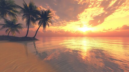 A breathtaking tropical sunset paints the sky in vibrant hues. The sun descends over still waters, with palm trees silhouetted against the evening glow, creating a tranquil atmosphere