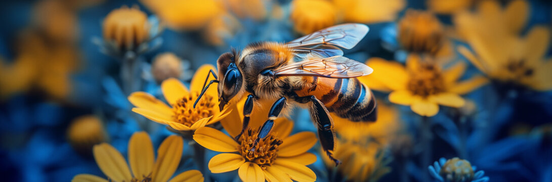 Bee collect honey over bright flowers. Honeybee in summer garden, blue and yallow colours, wide format.
