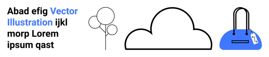 Three minimalist icons a tree, cloud, and handbag. Black text and blue highlights. Ideal for nature concepts, simple designs, education materials, online shops, branding minimalism print media