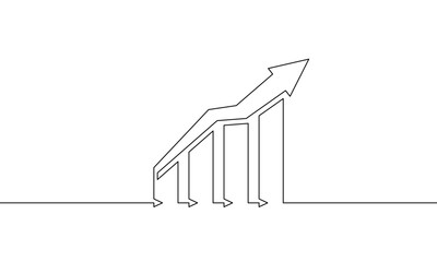 Continuous line drawing of graph business sign symbol. Illustration vector of increasing arrow up. Single line art of business growth. Object one line of bar chart. Flat icon