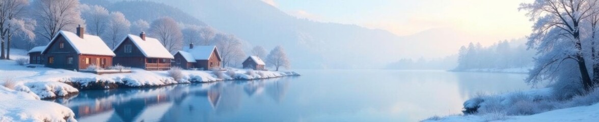A frosty morning scene with snow-covered houses and a frozen lake, cold, houses, peaceful