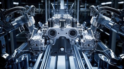 Fototapeta premium Robotic arms work meticulously in a factory setting, assembling intricate machinery parts with high precision and speed. The environment is filled with cutting-edge technology