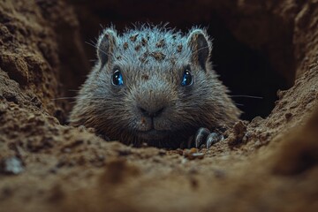 Garus's groundhog, which has no ears and is covered in fur with blue eyes, is peeking out of its burrow hole on the plain. Groundhog day.