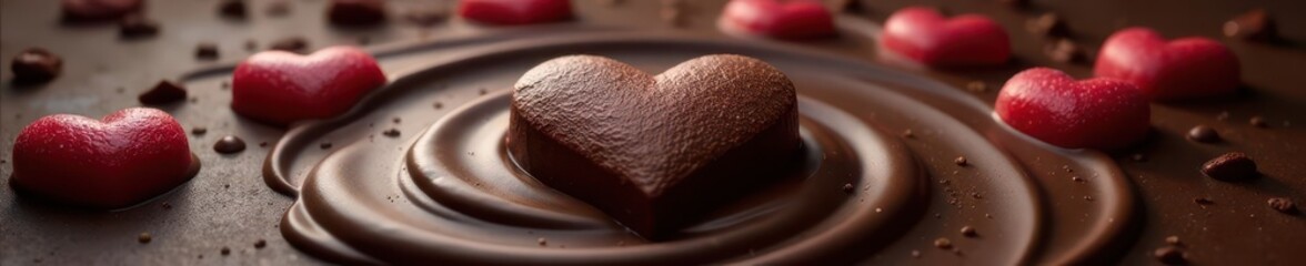 Dark chocolate surface, heart-shaped ripples spreading ,  design,  artistic