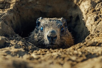Garus's groundhog, which has no ears and is covered in fur with blue eyes, is peeking out of its burrow hole on the plain. Groundhog day.