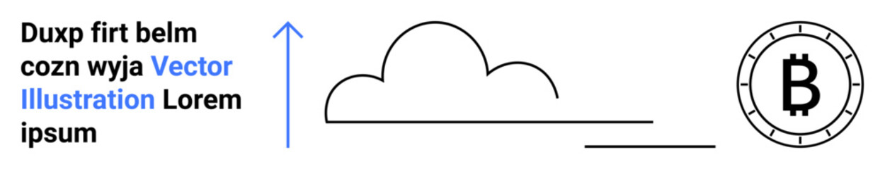 Bitcoin logo with outer circle lines, cloud sketch, arrow pointing up, placeholder text. Ideal for financial technology, cryptocurrency, investments, digital currency, fintech, blockchain, modern