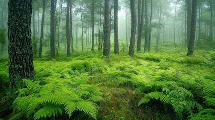 Fototapeta premium A tranquil forest setting features vibrant green ferns covering the ground, surrounded by tall trees shrouded in morning mist, creating a peaceful ambiance