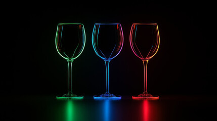 Neon-Glowing Wine Glasses Against Black Background