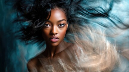 Fototapeta premium A woman poses gracefully with her hair in motion, showcasing a blend of colors against a soft background. Her expression captures confidence and beauty in an artistic form