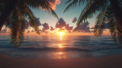 Warm sunlight casts vibrant colors across the sky as it sets over the tranquil ocean. Gentle waves lap at the sandy shore, framed by lush palm leaves, creating a serene atmosphere
