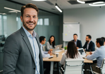 Man smiling and standing in a modern office environment