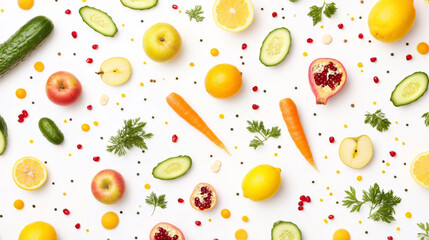 Fresh fruits and vegetables flat lay with carrots, lemons, and kiwis.