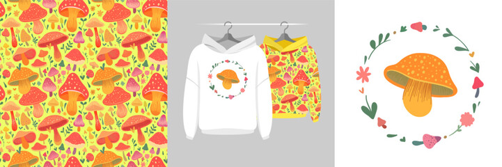Seamless pattern and illustration vector set with hand-drawn colorful mushroom and amanita, doodle style. Funny creative design hand painted textile fabric texture, tee prints background, wrapping