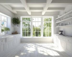 Fototapeta premium Bright Minimalist Kitchen Design Spacious Open-Plan Layout with Large Windows, Simple White Open Shelving, Fresh Contemporary Style, Natural Light, Modern Minimalist Kitchen Decor, White Kitchen
