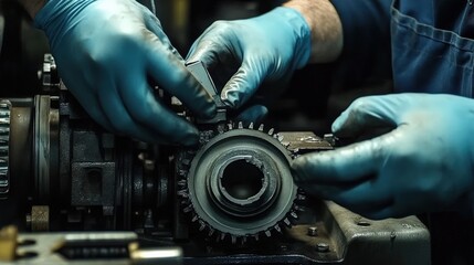 Obraz premium Hands repairing machinery in a maintenance shop