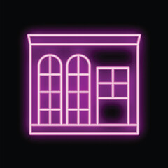 Purple glowing neon sign depicting a building facade with arched and square windows, evoking a vintage architectural style
