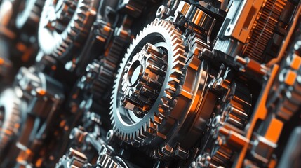 Fototapeta premium Intricate Gear System Close-Up. Industrial Machine Mechanics