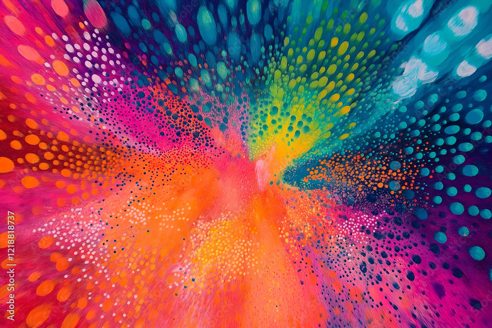 Poster a burst of colored dots forming abstract shapes.