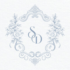 Wedding monogram with SD initials Design. Floral monogram crest design. Vintage elegant wedding crest design.