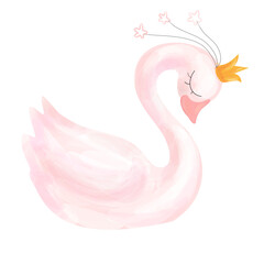 Cute swan princess with crown on a soft pink background, t-shirt, baby shower, greeting card, kid clothes template. Vector illustration. © elialady