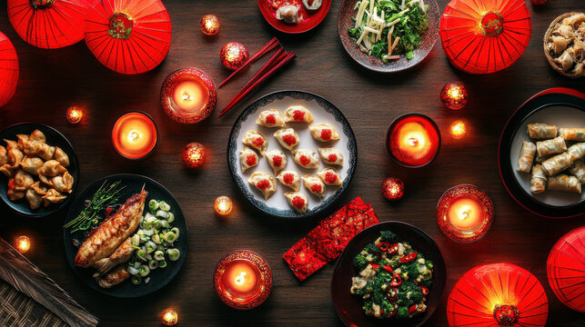 Close-up of dumplings and spring rolls on red plate with chopsticks and Chinese New Year decorations: Lunar New Year