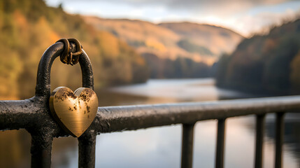 Fototapeta premium A close-up of a heart-shaped lock hanging on a bridge railing, in the frame