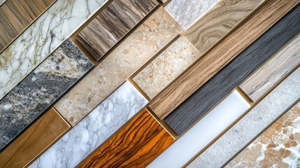 A flat lay of luxury interior design material samples, featuring marble, wood, and stone in neutral tones, trending in minimalist design circles.