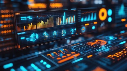 Futuristic Digital Data Interface with Colorful Graphs and Analytics Displaying on Screens