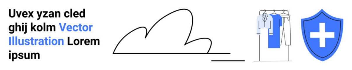 Fototapeta premium Cloud with a shield, clothes on a hanger, and text elements suggest protection and online clothing services. Ideal for e-commerce, fashion, security, cloud services, online protection, retail