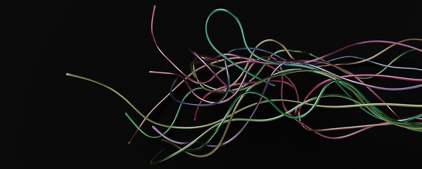 Chaotic Tangled Colorful Wires on Black Background