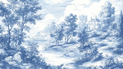 Serene Blue Landscape with House and Lush Trees in soft tones