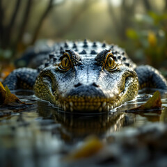 Obraz premium Majestic Close-Up of a Lurking Crocodile Amidst Lush Forestal Surroundings Reflecting Power