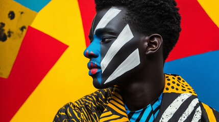An African American man in a sculptural outfit with bold geometric patterns, his face painted subtly to enhance the futuristic look