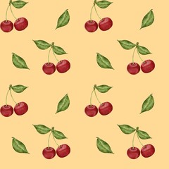 Cherry pattern for fabric design, cherry wallpaper, berry print, berry seamless pattern, yellow background, watercolor