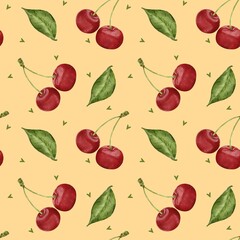 Cherry pattern for fabric design, cherry wallpaper, berry print, berry seamless pattern, yellow background, little green hearts, watercolor