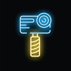 Bright neon icon of action camera mounted on a selfie stick glowing on dark background
