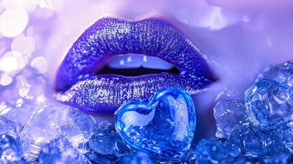 Naklejka premium Close-Up of Blue Lips with Heart Shaped Ice in Shimmering Light