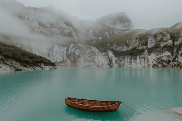 A serene lake with turquoise waters surrounded by misty mountains, featuring a solitary wooden boat anchored at the shore.