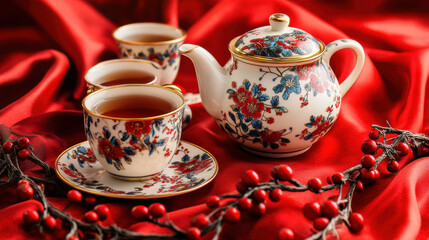 Fototapeta premium Chinese tea set with floral designs arranged on red silk cloth with New Year ornaments: Lunar New Year