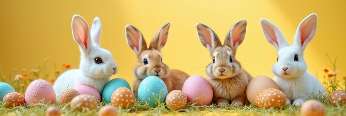 Fototapeta premium Colorful easter celebration with adorable bunnies and painted eggs on grass