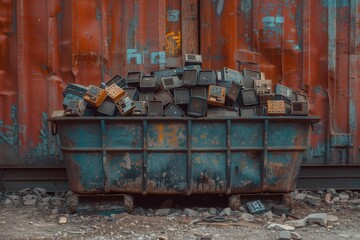 Naklejka premium A weathered dumpster filled with assorted debris sits against a rusty, orange shipping container backdrop.