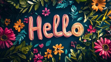 Vibrant Floral Background with Handwritten Hello Text Decoration