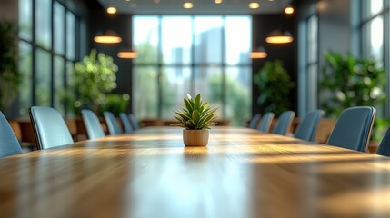 Fototapeta premium Modern Conference Room with Chairs and Greenery, Bright Windows and Stylish Decor for Professional Meetings and Collaborations
