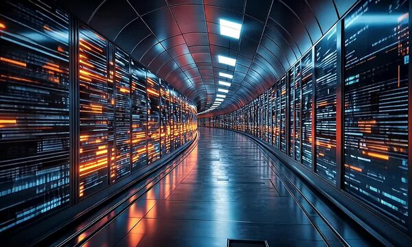 Illuminated Server Corridor: A Digital Data Tunnel of Glowing Code