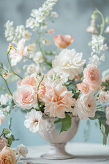 Bouquet of pink carnations and roses in a ceramic vase. Vertical template for cards and greetings on spring day, international women's day, mother's day for wedding backdrops and wallpapers copyspace