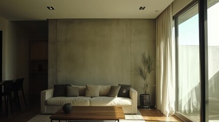 A Minimalist Living Room With A Concrete Wall, A Light Beige Couch, And Large Windows Letting In Sunlight. The Overall Feel Is Calm And Serene.