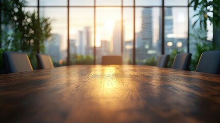 Fototapeta premium Empty Conference Room with Blurred Background and Sunset Over City Skyline, Modern Workspace for Meetings and Business Events