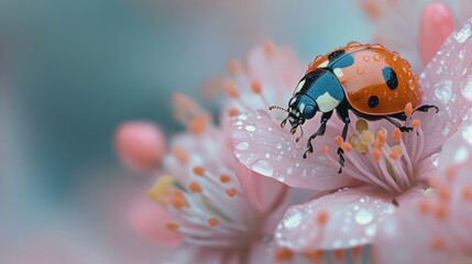 Ladybug on a pink flower with water droplets.