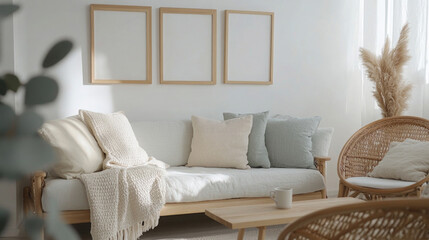 Cozy minimalist living room with neutral tones, natural decor, and soft textures in a bright, airy setting