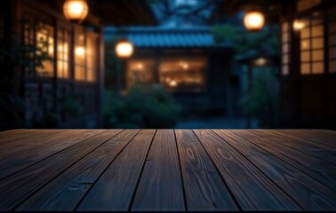 Empty wooden table top with a blurred background of an outdoor Japanese restaurant at night, suitable for product display, food, 